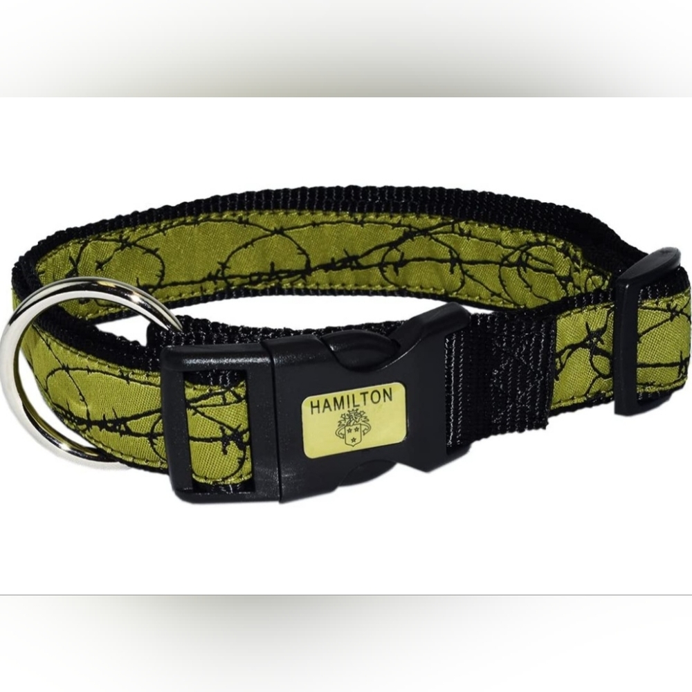 2 /$15  Hamilton Dog Collar Nylon Ribbon Overlay  18" to 26" Green barbed wire